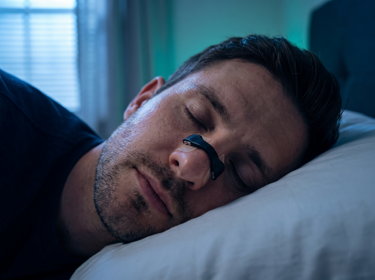 A man sleeping on his side at night wearing the Tezz AirGrip across his nose